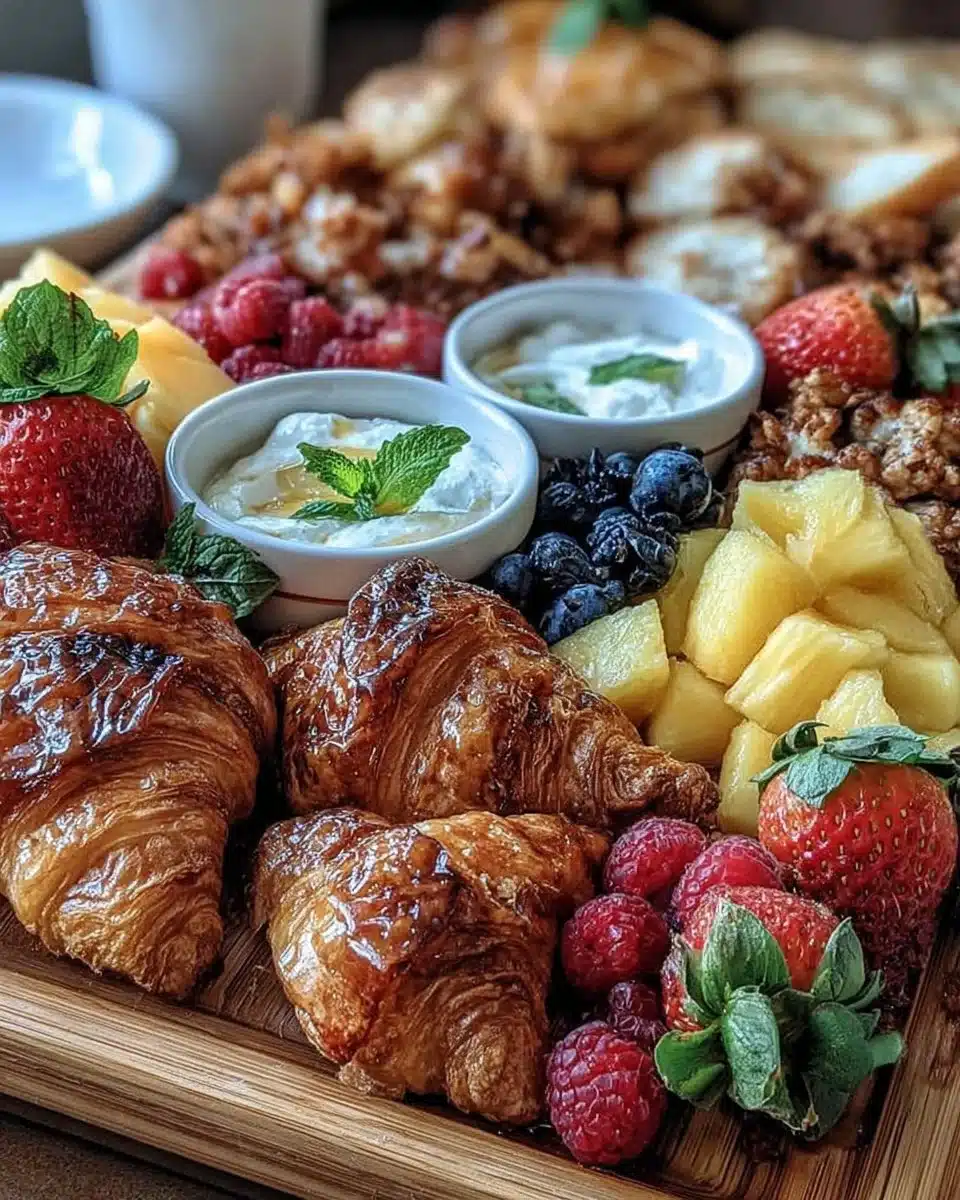 A beautifully arranged brunch board with assorted fruits, cheeses, and pastries.