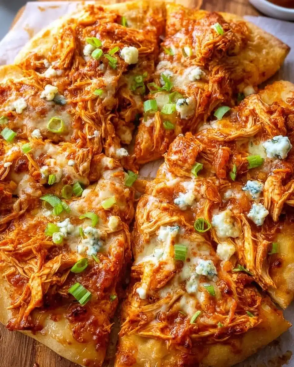 Delicious Buffalo Chicken Pizza topped with spicy chicken and melted cheese