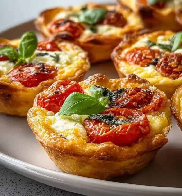 Delicious Caprese Mini Quiches topped with fresh basil and tomatoes.