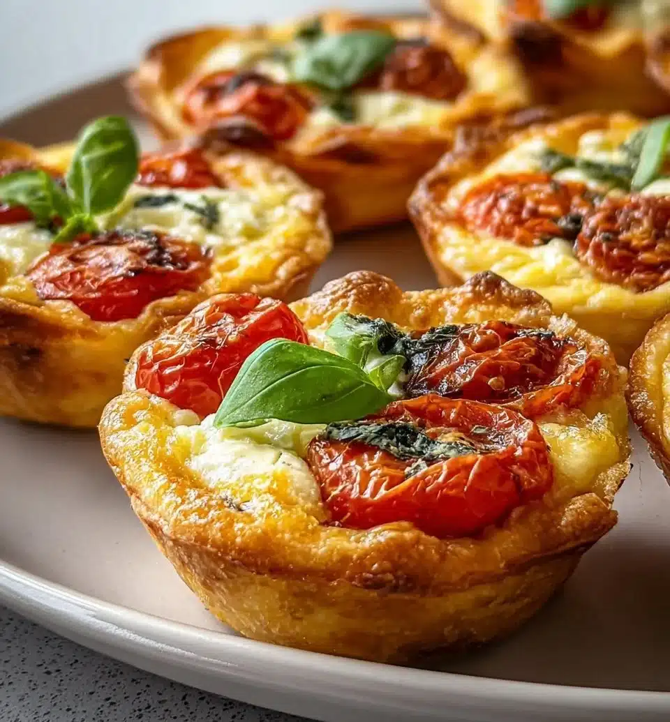 Delicious Caprese Mini Quiches topped with fresh basil and tomatoes.