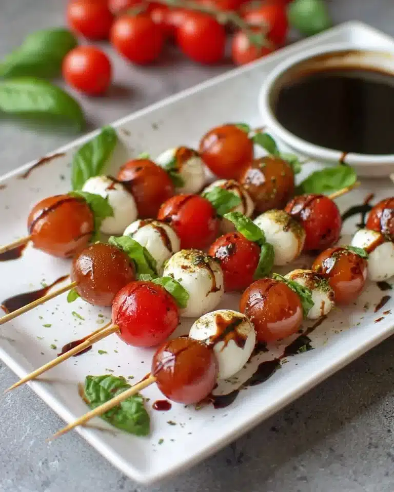 Caprese skewers topped with balsamic glaze, fresh basil, mozzarella, and cherry tomatoes