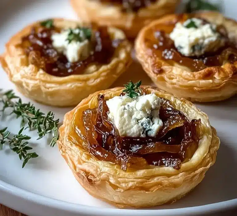 Caramelized onion and goat cheese tarts on a white plate