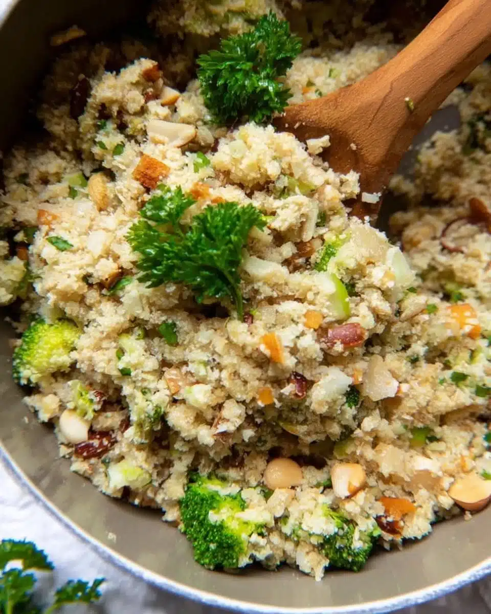A bowl of flavorful cauliflower rice pilaf garnished with herbs and vegetables