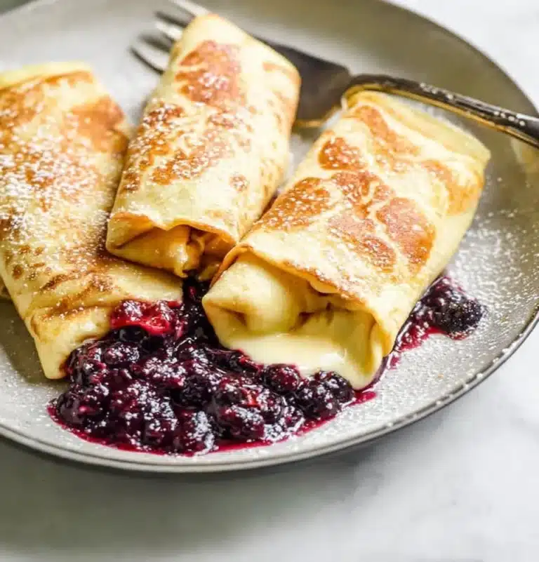 Delicious cheese blintzes served with fruit topping and powdered sugar