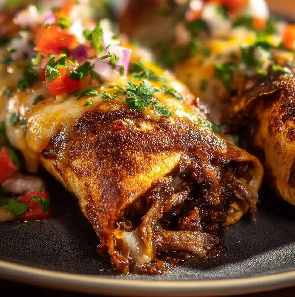 Delicious cheese steak chimichangas ready to serve with toppings.