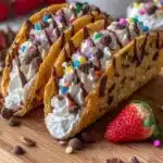 Delicious cheesecake cookie tacos drizzled with chocolate and topped with fruit.