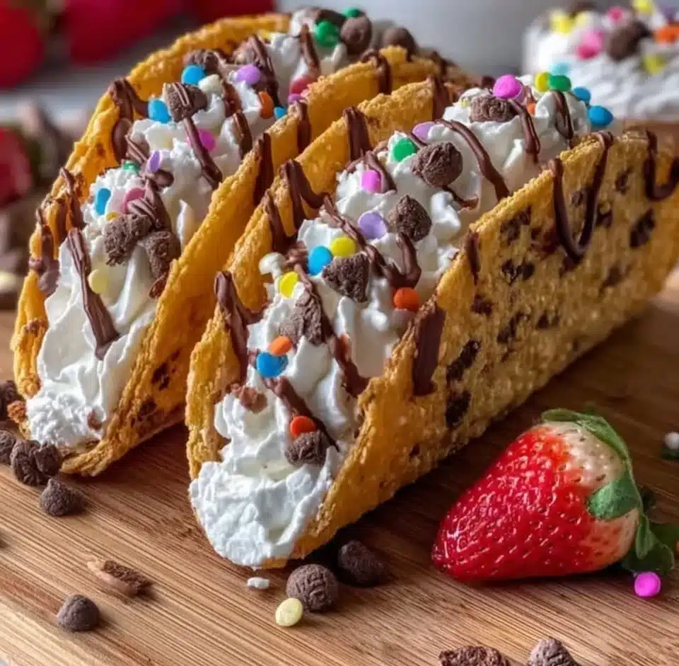 Delicious cheesecake cookie tacos drizzled with chocolate and topped with fruit.