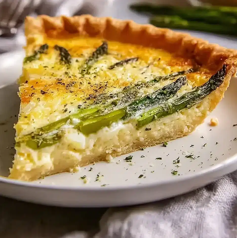 Cheesy asparagus and Gruyere quiche slice on a plate
