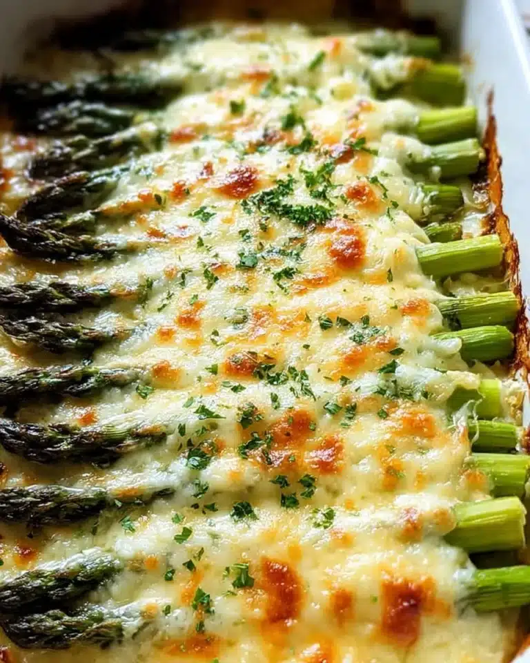 Cheesy Baked Asparagus dish garnished and ready to serve.