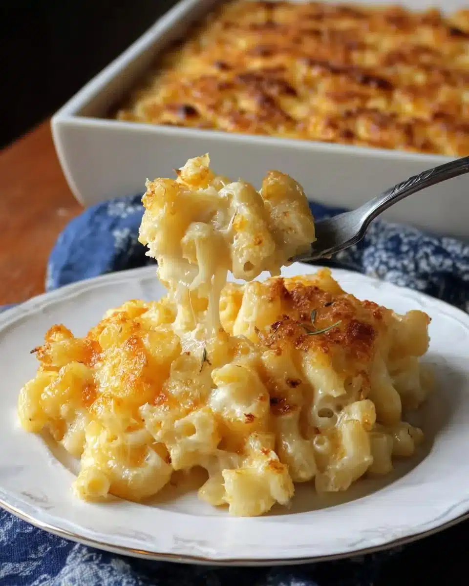 A delicious serving of cheesy baked mac and cheese topped with golden breadcrumbs.