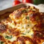 Baked cheesy ravioli in a casserole dish topped with melted cheese and herbs
