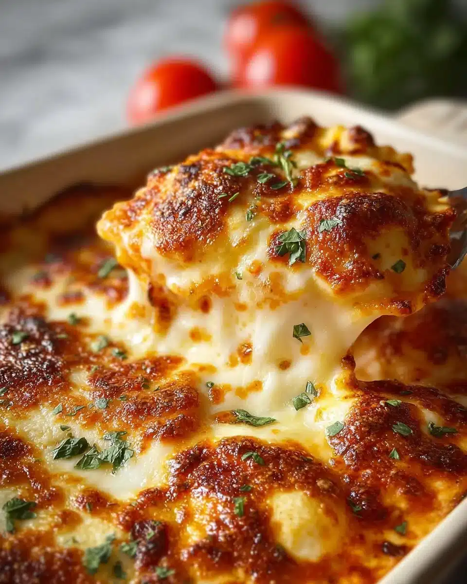 Baked cheesy ravioli in a casserole dish topped with melted cheese and herbs