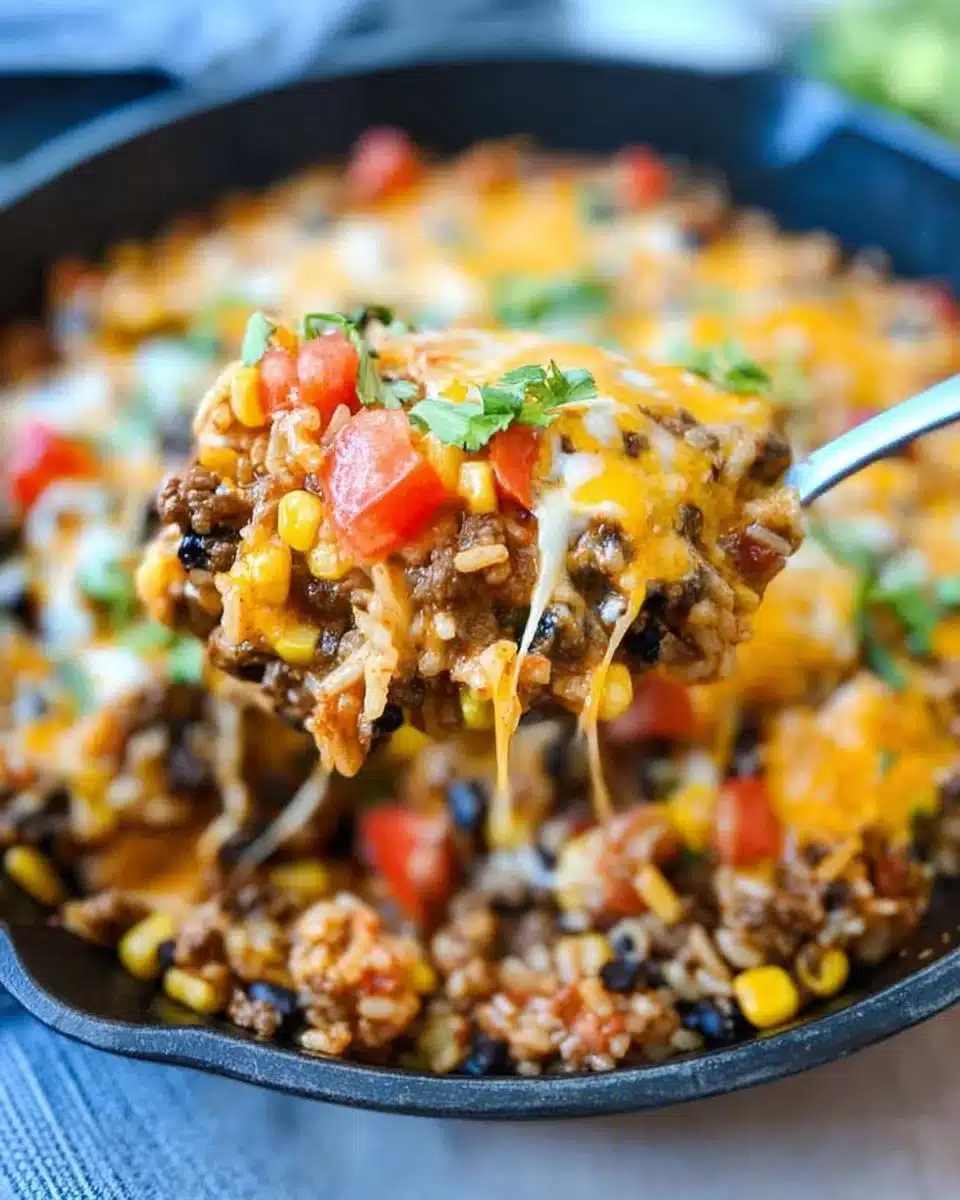 Cheesy Taco Rice Skillet served in a colorful bowl garnished with fresh herbs
