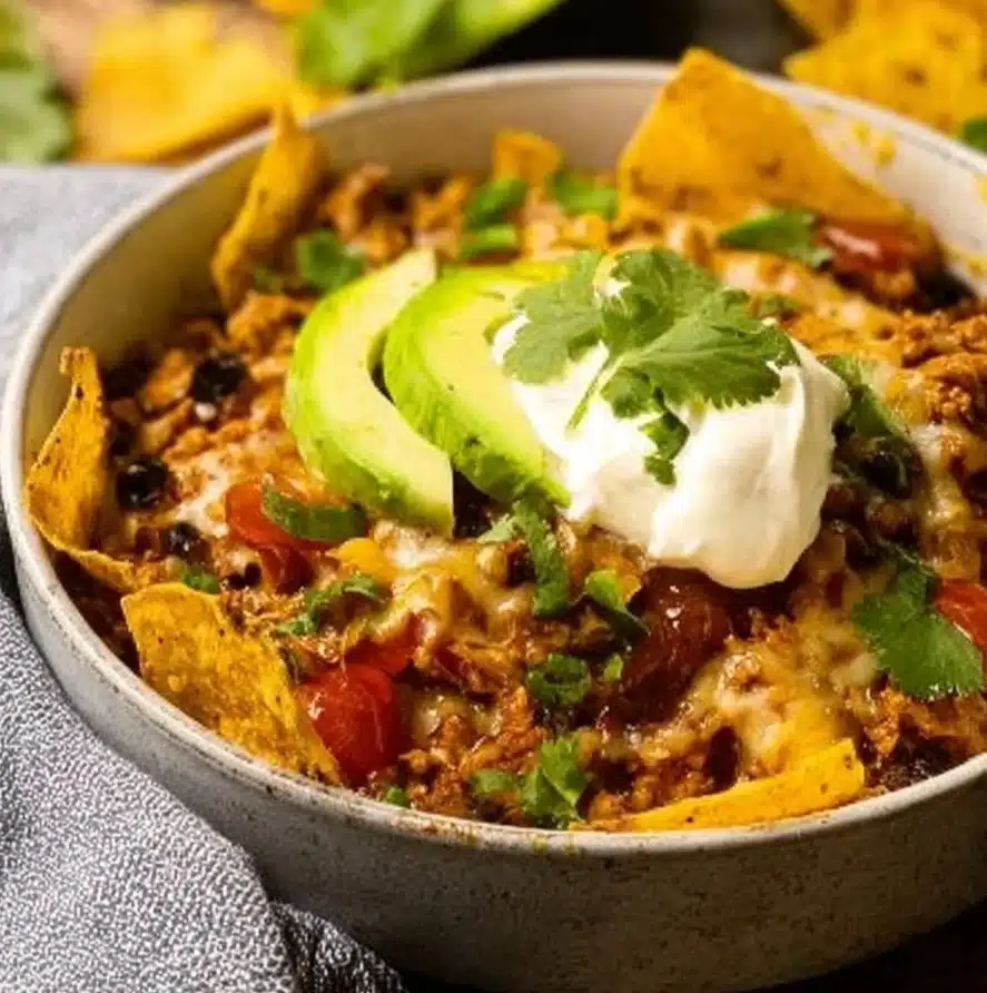 Cheesy Turkey Taco Skillet served in a colorful dish with toppings.