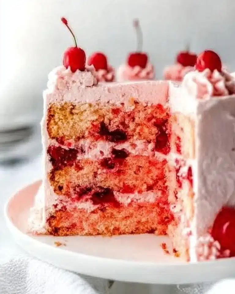 Slice of Cherry Chip Cake topped with cherries and chocolate chips on a white plate