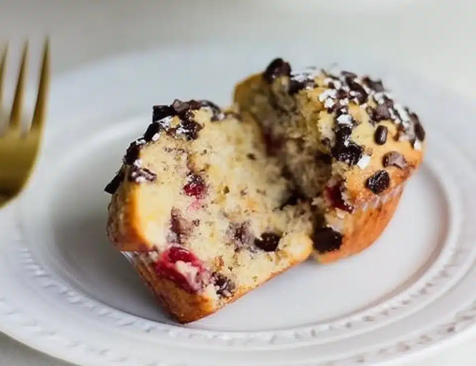 Freshly baked cherry chocolate chip muffins with cherries and chocolate chunks