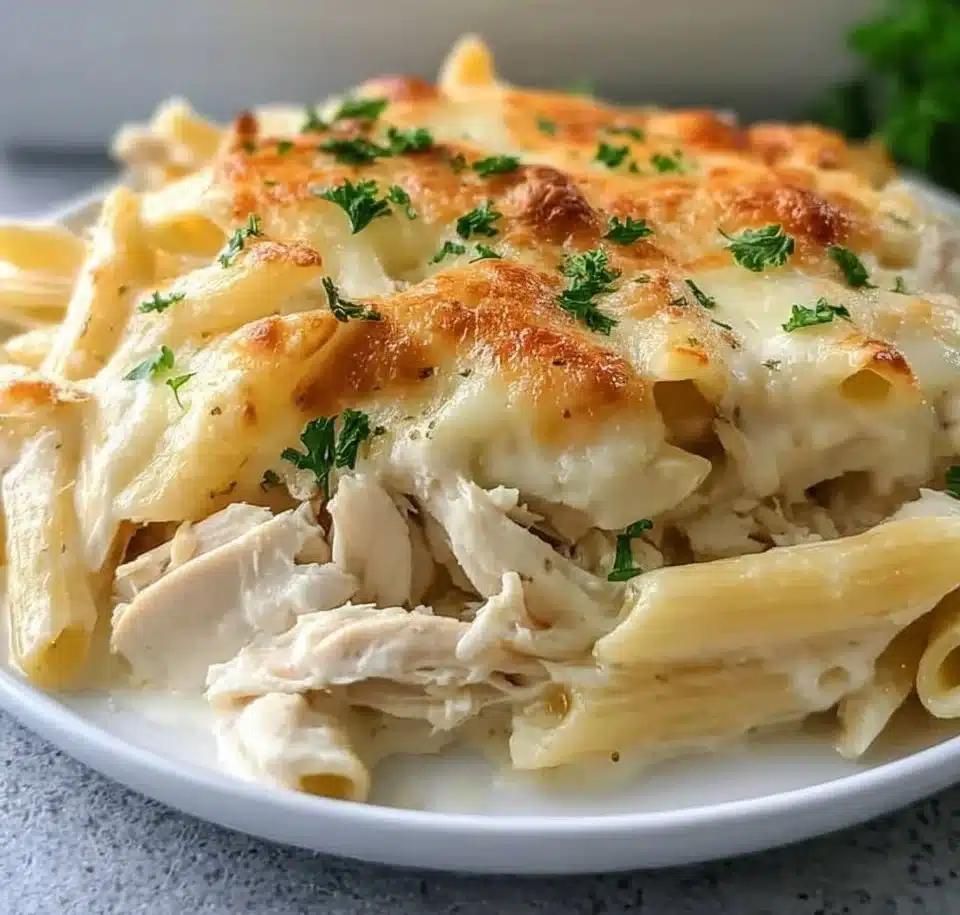 Creamy Chicken Alfredo Casserole baked with pasta and cheese.