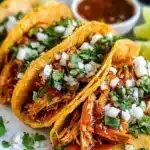 Delicious Chicken Birria Tacos served with flavorful broth and garnishes.
