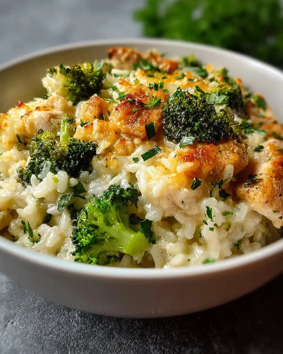 Delicious Chicken Broccoli Rice Casserole served in a baking dish with fresh ingredients