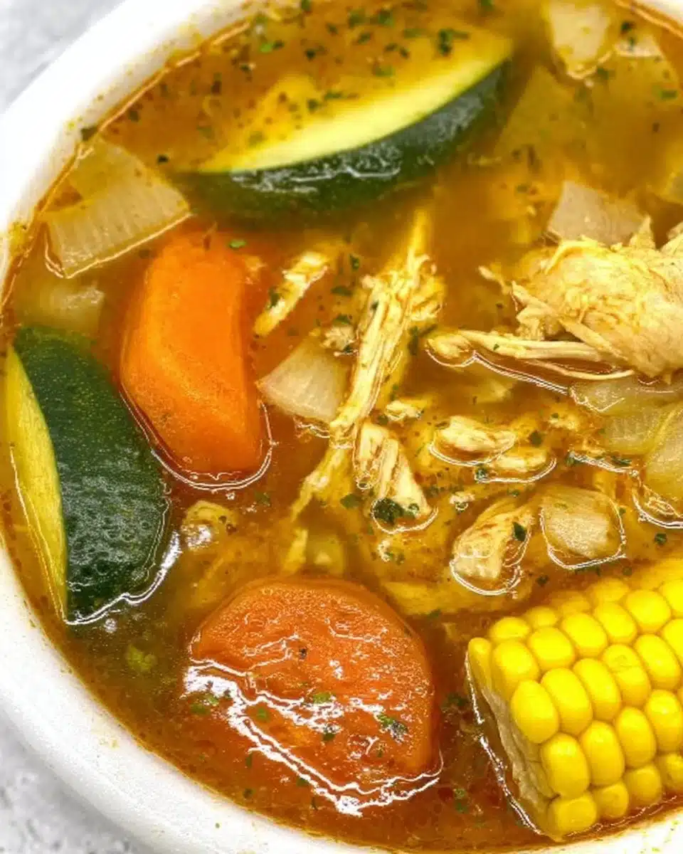 Homemade chicken broth simmering with vegetables and herbs