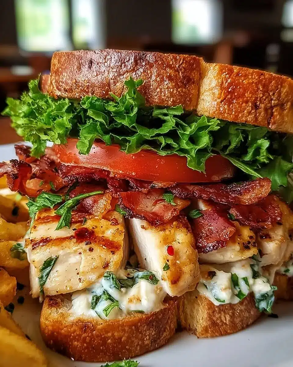Delicious chicken club sandwich with crispy bacon, lettuce, and tomato.