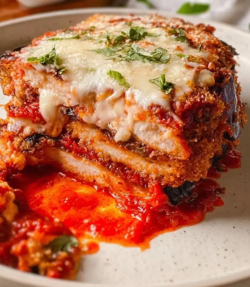 Delicious chicken eggplant parmesan served with melted cheese and fresh herbs