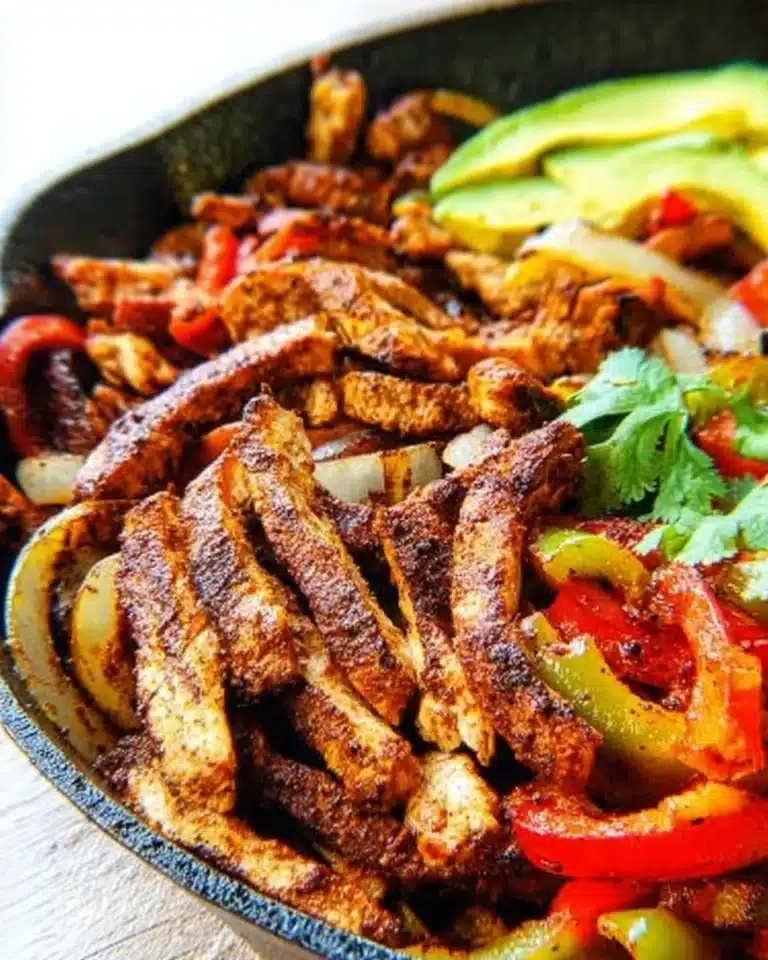 Colorful Chicken Fajitas served with peppers and tortillas