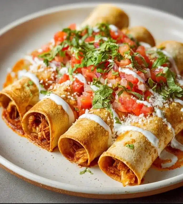 Delicious Chicken Flautas served with salsa and avocado slices.