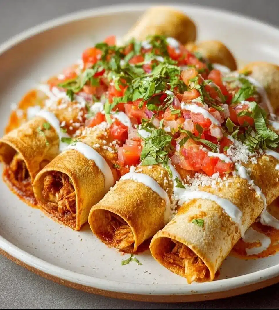 Delicious Chicken Flautas served with salsa and avocado slices.