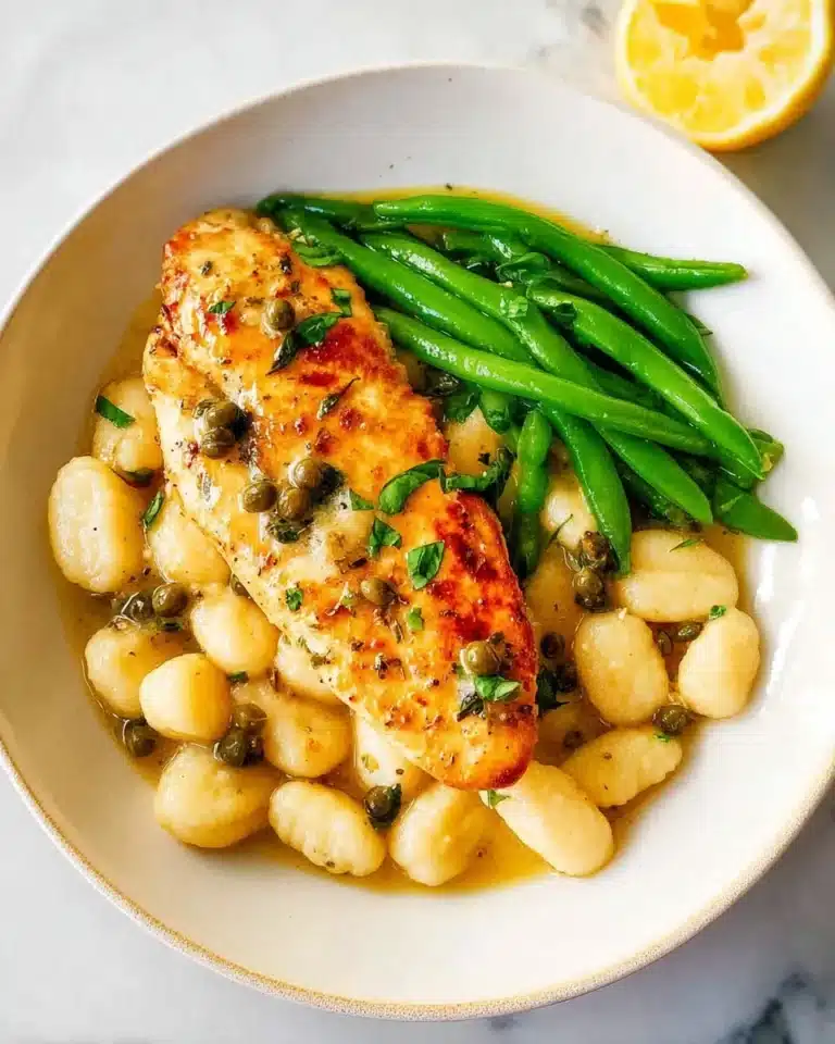 Delicious Chicken Piccata served with gnocchi and garnished with parsley.