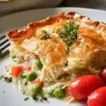 Delicious Chicken Pot Pie Casserole served in a dish, topped with golden crust