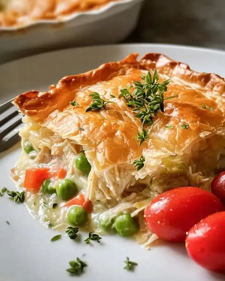Delicious Chicken Pot Pie Casserole served in a dish, topped with golden crust