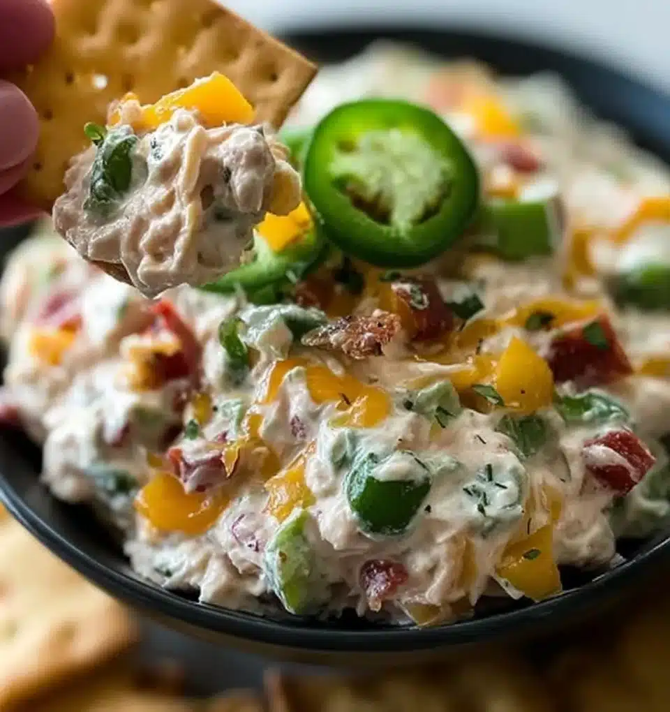 Delicious chicken salad dip served in a bowl with fresh vegetables