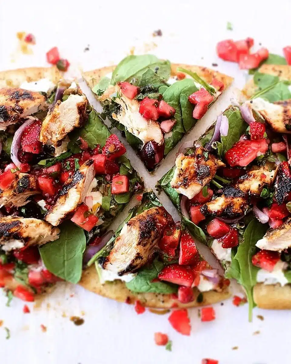 Chicken salad pizza topped with fresh strawberry salsa on a wooden serving board