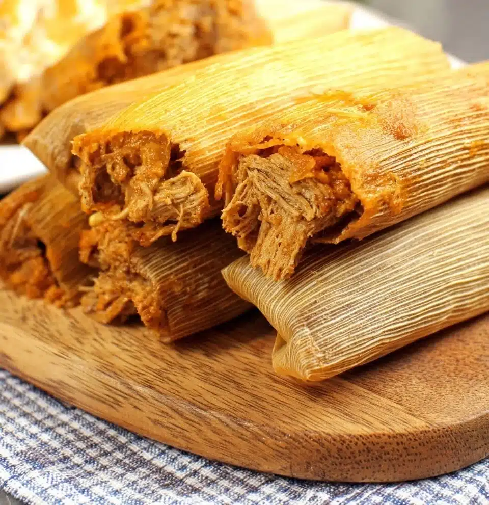 Delicious chicken tamales prepared with masa and spices, served on a plate.