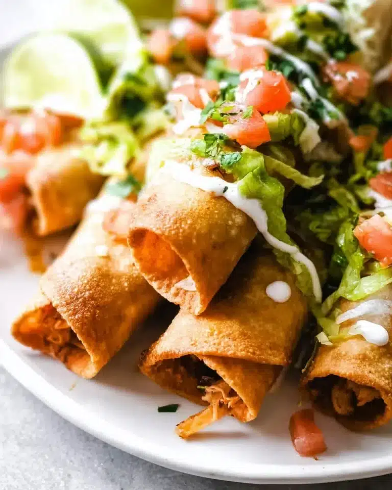 Golden brown Chicken Taquitos served on a plate with salsa and guacamole