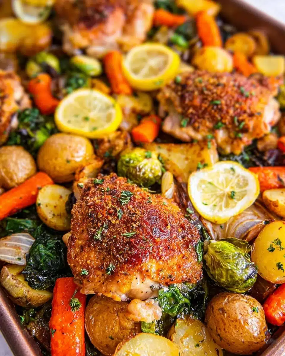 Baked chicken thighs with colorful vegetables on a plate