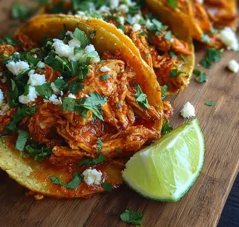 Delicious Chicken Tinga served in tacos with fresh toppings and spices