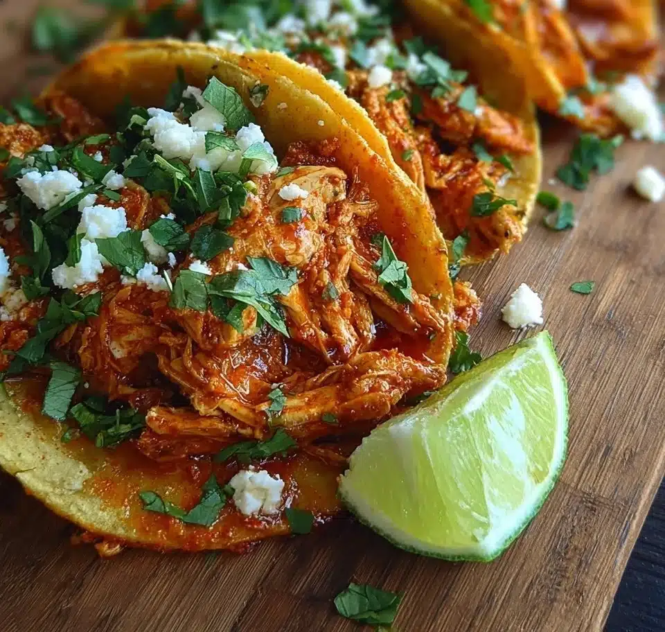 Delicious Chicken Tinga served in tacos with fresh toppings and spices