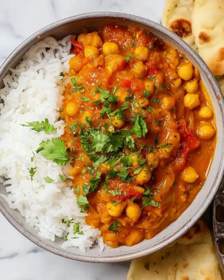 Bowl of Chickpea Tikka Masala garnished with fresh cilantro