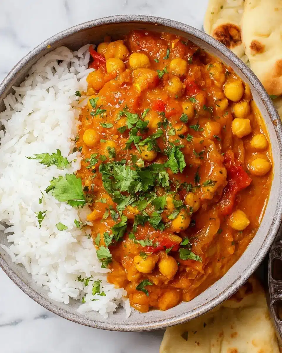Bowl of Chickpea Tikka Masala garnished with fresh cilantro