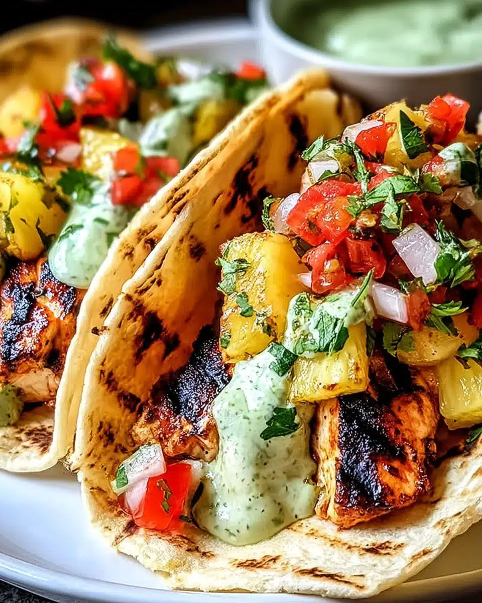 Chili Chicken Tacos served with fresh Grilled Pineapple Salsa