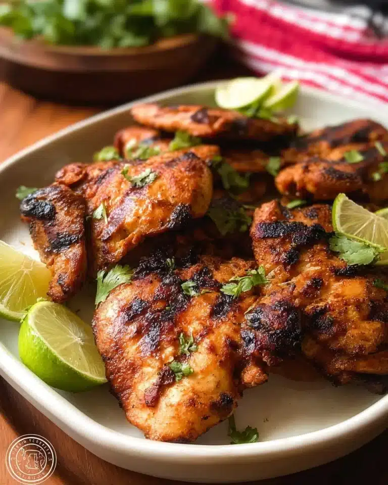 Delicious Chili Lime Chicken garnished with lime wedges and fresh herbs