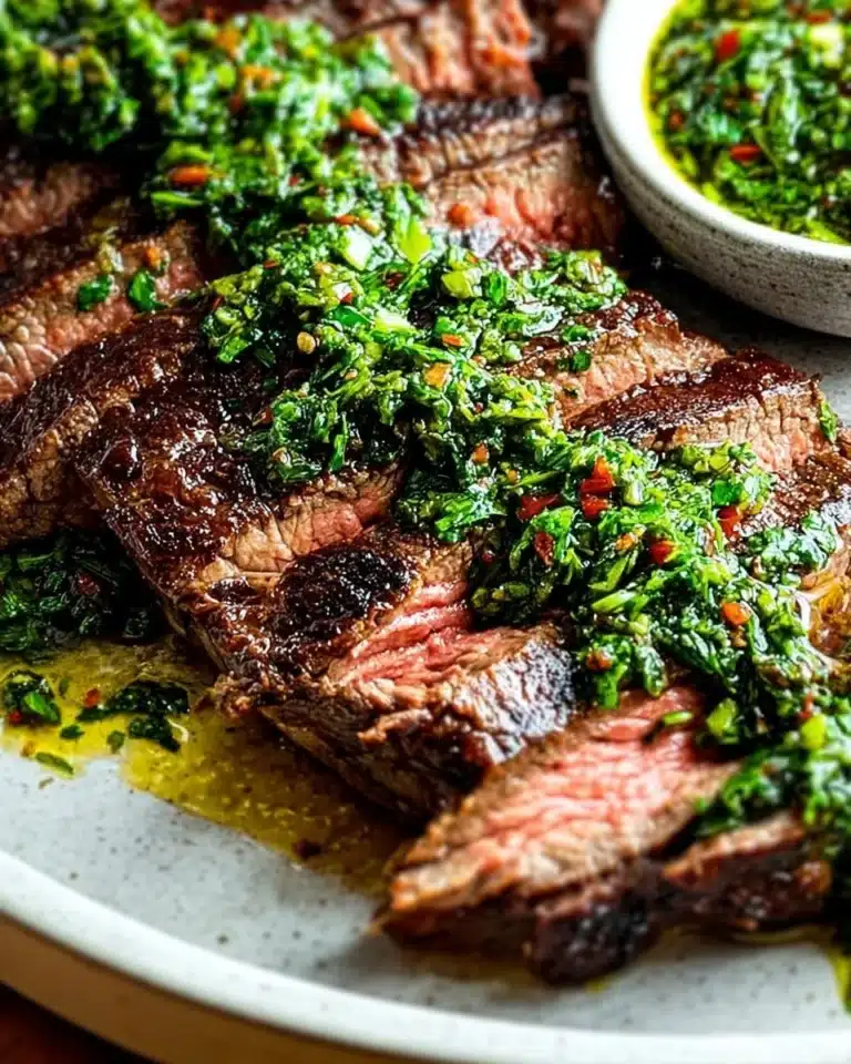 Delicious chimichurri steak garnished with fresh herbs