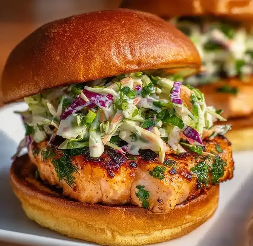 Chipotle Salmon Burgers with Cilantro Lime Slaw
