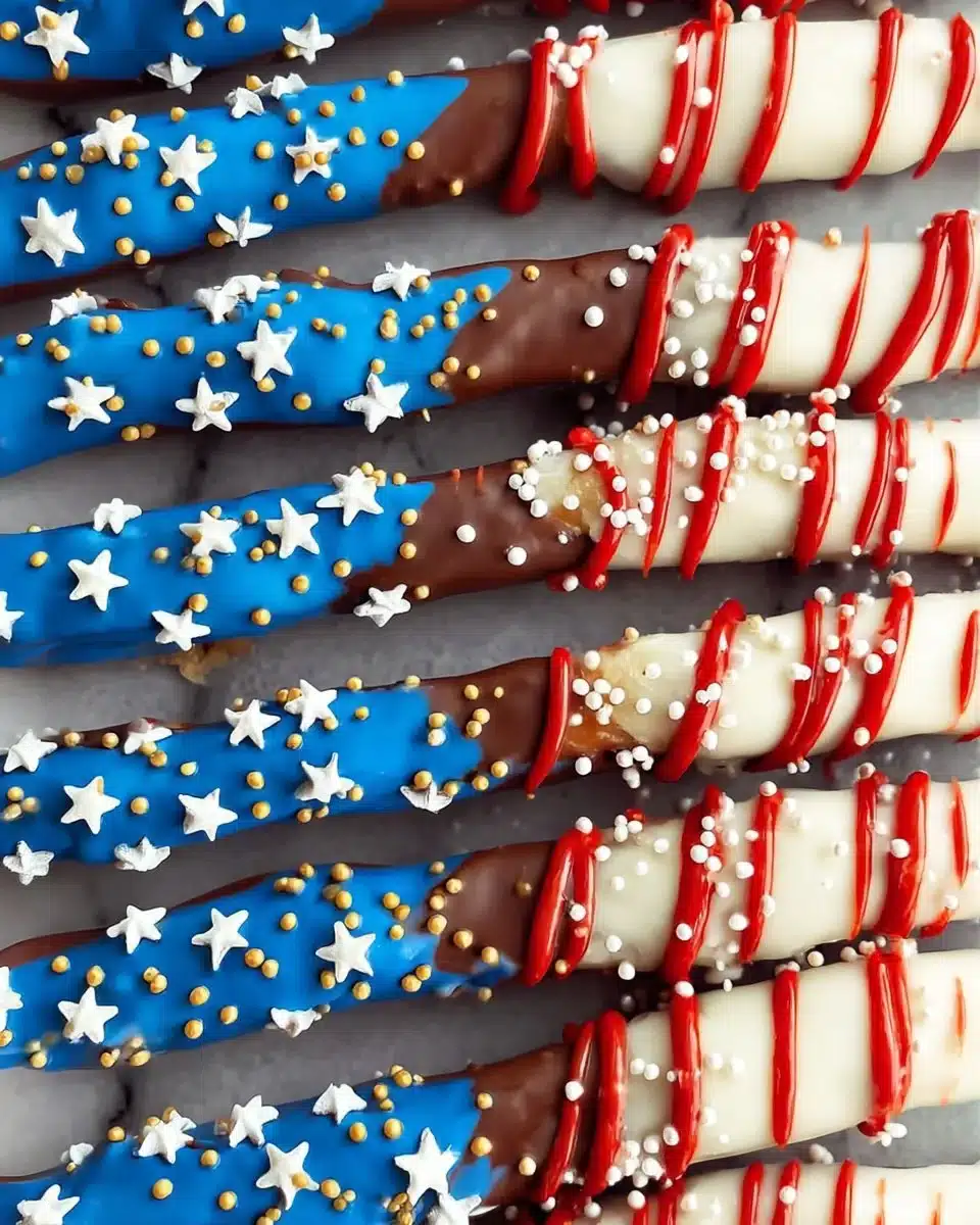 Chocolate dipped pretzel rods decorated with sprinkles and drizzled with chocolate