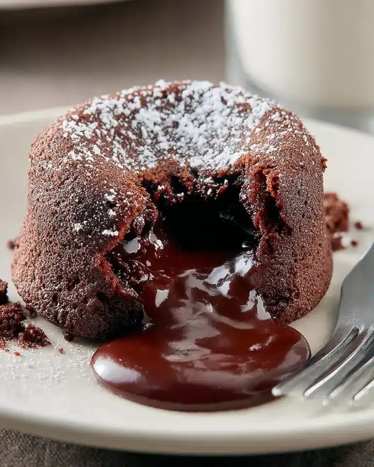 Delicious chocolate lava cake with a molten center, dusted with powdered sugar.