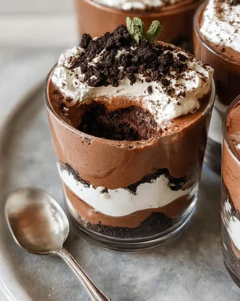 Delicious chocolate mousse parfait served in a glass with layers of chocolate and cream.