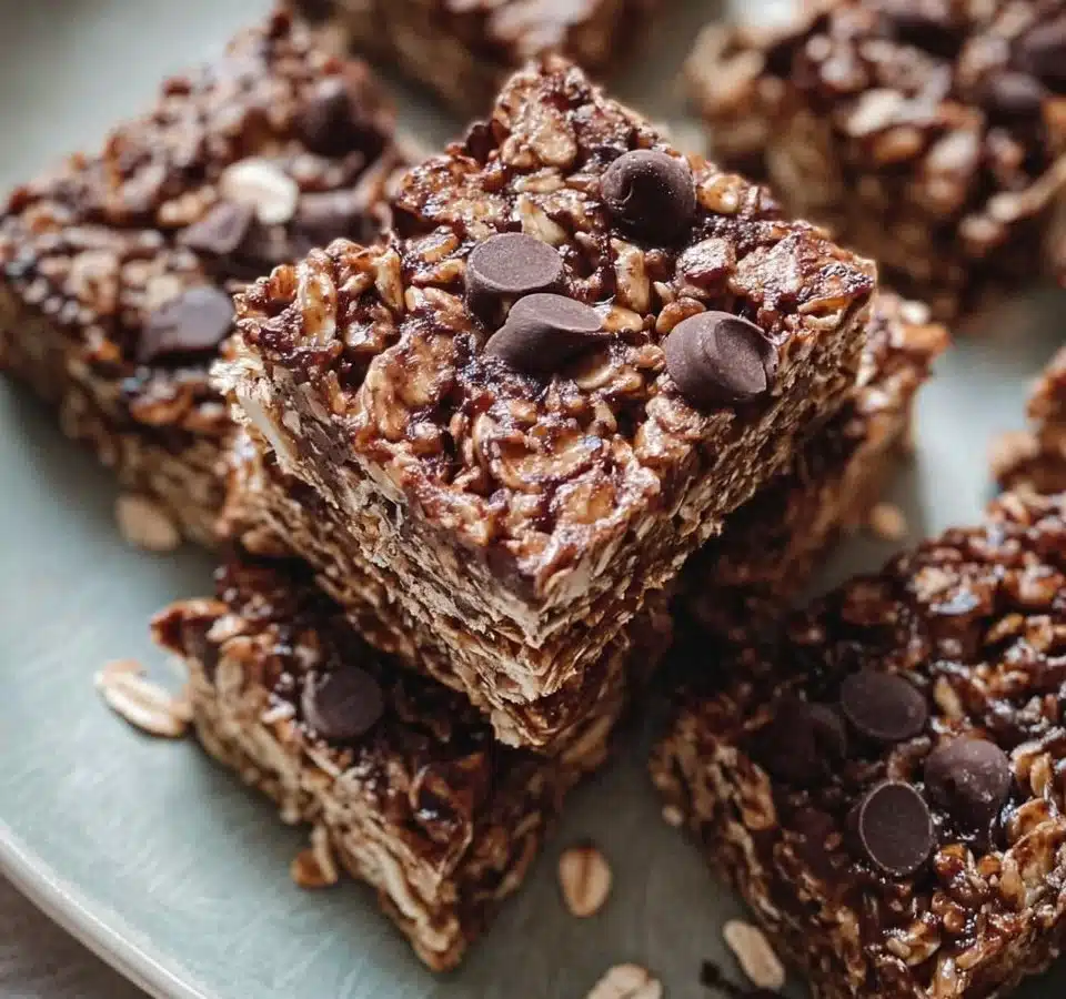 Homemade chocolate oat bars with chocolate drizzle and oats