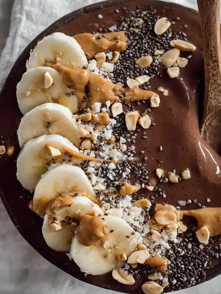 Chocolate Peanut Butter Smoothie Bowl topped with fresh fruit and granola